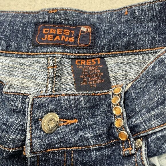 Crest Jean Mini Skirt Size 7/8 Denim Dark Blue Stud Crystal Blink Distressed Hip - Picture 9 of 10